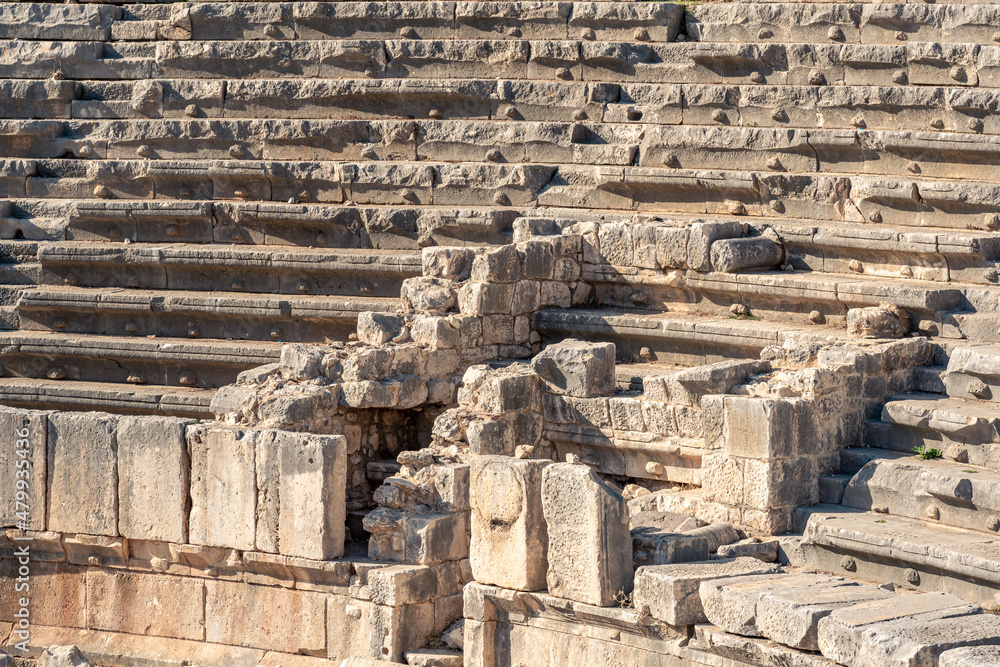 view of the arena and stands of the antique amphitheater in the ruins of Myra (Demre, Turkey)
