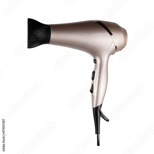 Golden hair dryer isolated on white background, copy space. Top view