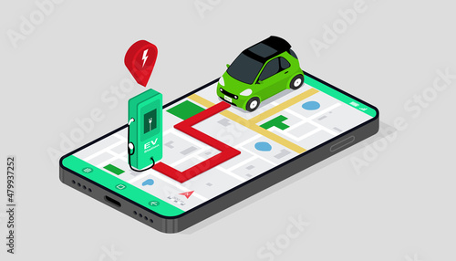 Green energy technology concept. Electric car use GPS to navigate to the charger station on screen smartphone. Isometric vector design