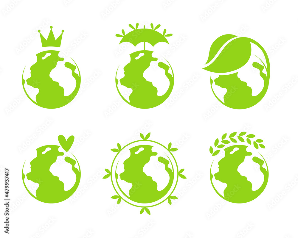 Set of eco planet sign, logos, icons. Green world, earth conservation and ecology. Vector simple illustration
