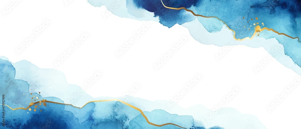 White and Blue shades watercolor fluid painting vector background design. Dusty pastel and golden marble. - obrazy, fototapety, plakaty 