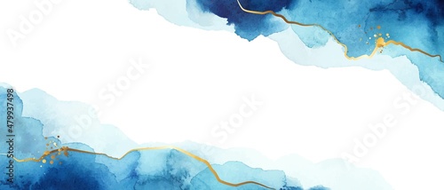 White and Blue shades watercolor fluid painting vector background design. Dusty pastel and golden marble.