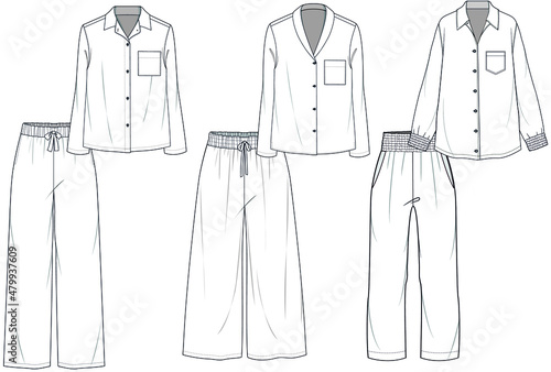 Pyjama Suit, Nightwear Suit, Sleepwear Suit Top and Bottom Mens, women, Unisex Fashion Illustration, Vector, CAD, Technical Drawing, Flat drawing.	