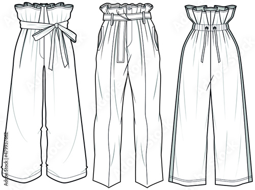 Paper Bag Waist Wide Leg Formal Pant. Fashion Illustration, Vector, Technical Drawing, Flat Sketch.	