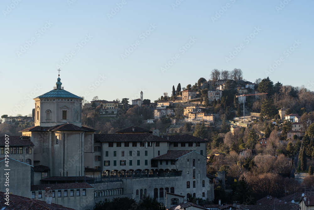 Close up view of San Vigilio hill in Bergamo Upper City from the Campanone.