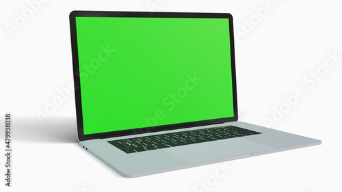 MacBook Pro: Green-screen display, a 3D rendered illustration image (rendered in blender 3d software). Laptop facing the right side of the image.