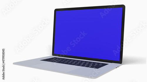 MacBook Pro: Blue-screen display, a 3D rendered illustration image (rendered in blender 3d software). Laptop facing the left side of the image. The object can be used for education, business, etc
