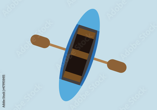 Canoa azul con remos de madera en el agua. 