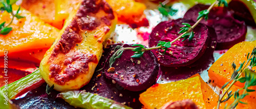Baked Beetroot, Roasted Sheet Pan Vegetables. Vegan cuisine close-up. Homemade Oven Vegetable Recipes