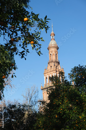 The south tower of Plaza de España in Seville, Spain, framed by orange trees