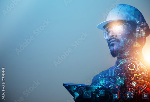 engineer show innovative technology ideas  machine learning projects. The working model of the industrial online network, the concept  AI, future of technology , artificial intelligence innovation
