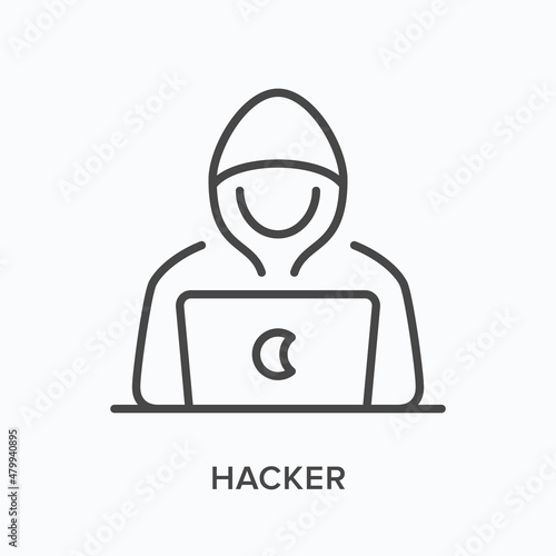 Hacker flat line icon. Vector outline illustration of criminal and laptop . Black thin linear pictogram for cyber thief