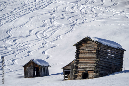 dolomites snow panorama wooden hut val badia armentara photo