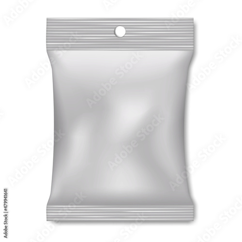 White blank pillow pouch with hanging slot - realistic vector mock-up. Plastic or paper packaging bag mockup. Template for design