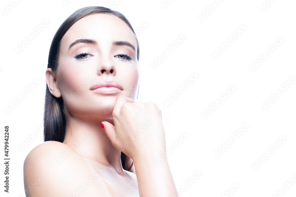 Gorgeous lady portrait. Beauty face. Natural nde make-up, healthy skin. Skincare facial treatment body care health concept. Isolated on white background. Copy space Gorgeous lady portrait. Beauty face. Natural nde make-up, healthy skin. Skincare facial treatment body care health concept. Isolated on white background. Copy space