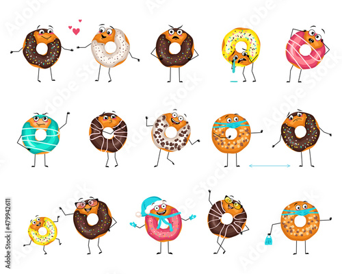 Cute glazed donut character with happy or sad emotions, panic, loving or brave face, hands and legs. Cheerful man baking dessert with expression and mask, glasses or hat. Vector flat illustration