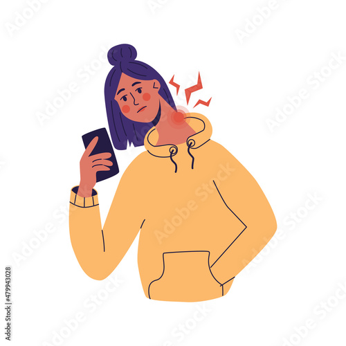 Tek neck or office syndrome. Young women feeling pain on neck becouse of wrong ergonomic and long time looked at phone. Flat vector illustration. isolated on a white background
