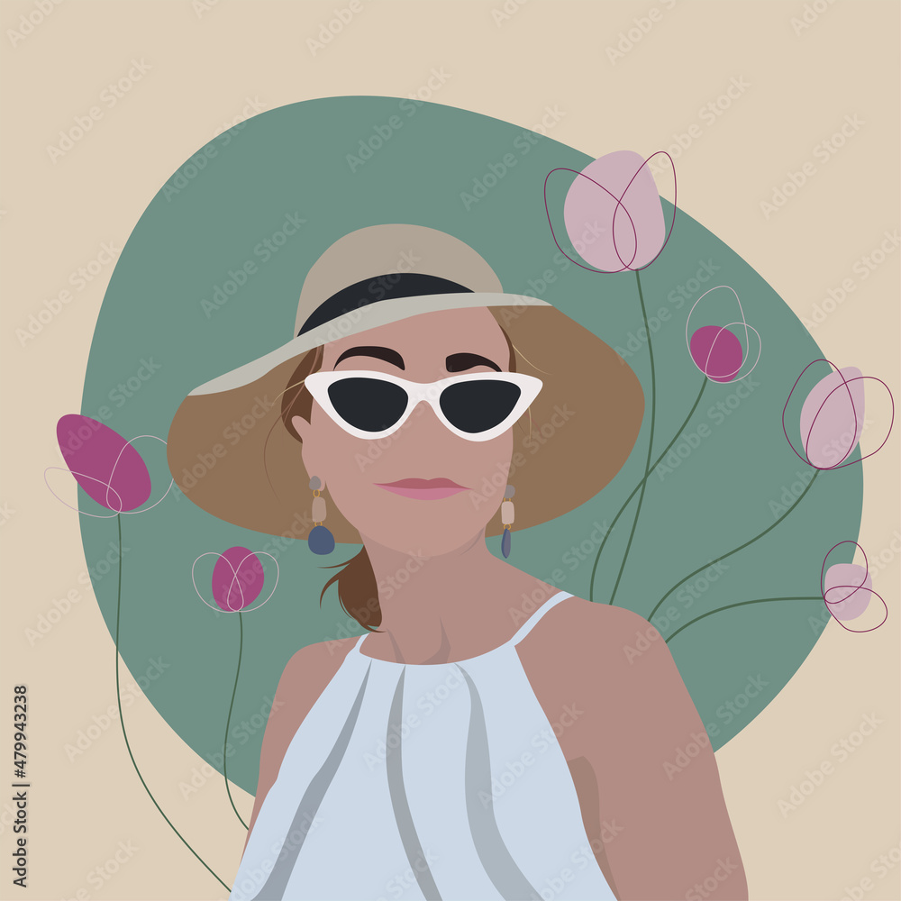 Girl with hat and sunglasses and pink flowers.