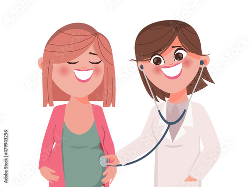Woman pregnancy see the doctor to checking with hand drawn character.