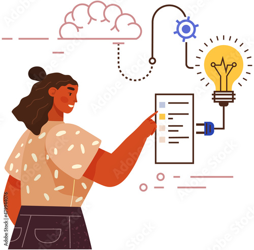 Woman working with technical equipment. Different mental mindset types. Person with technical, logical thinking. Mind behaviour, mental perceiving, psychology, creation of optimal solution concept