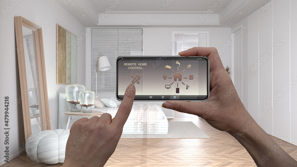 Device with app icons. Interior of minimalist white and wooden bedroom in the background, architecture design Device with app icons. Interior of minimalist white and wooden bedroom in the background, architecture design