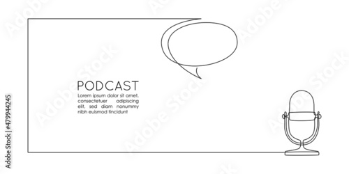 Continuous one line drawing of podcast microphone and chat bubble. Vintage old mike in simple thin linear style for banner music, webinar, online training. Editable stroke. Doodle Vector illustration