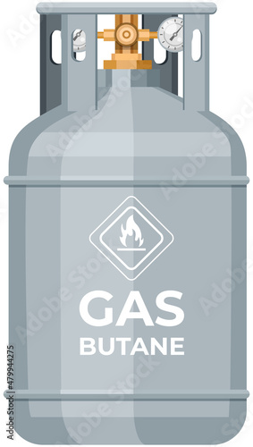 High cylinder, canister with fuel, storage for gas. Metal tank with liquefied compressed petroleum, propane. Pressurized gas cylinder, storage with tap for substance release vector illustration