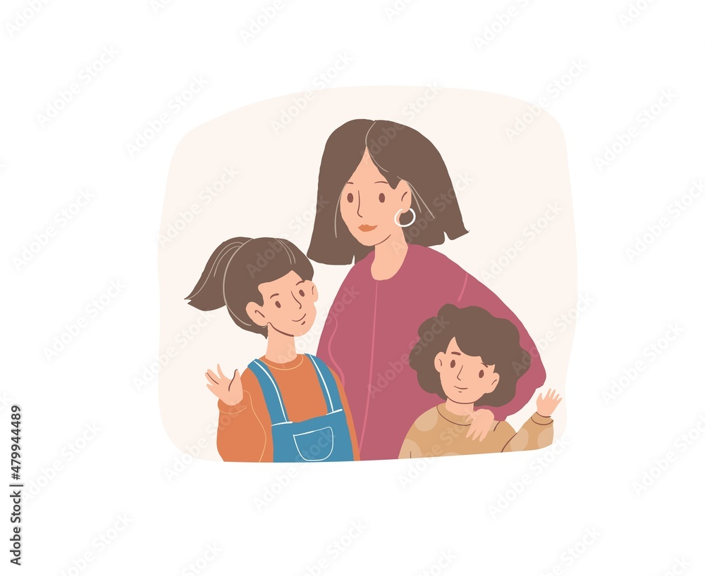 Vector cartoon flat happy family characters parent and kids.Mom,daughter and son smiling and waving hands-positive emotions,healthy family relationships social concept,web site banner ad design Vector cartoon flat happy family characters parent and kids.Mom,daughter and son smiling and waving hands-positive emotions,healthy family relationships social concept,web site banner ad design