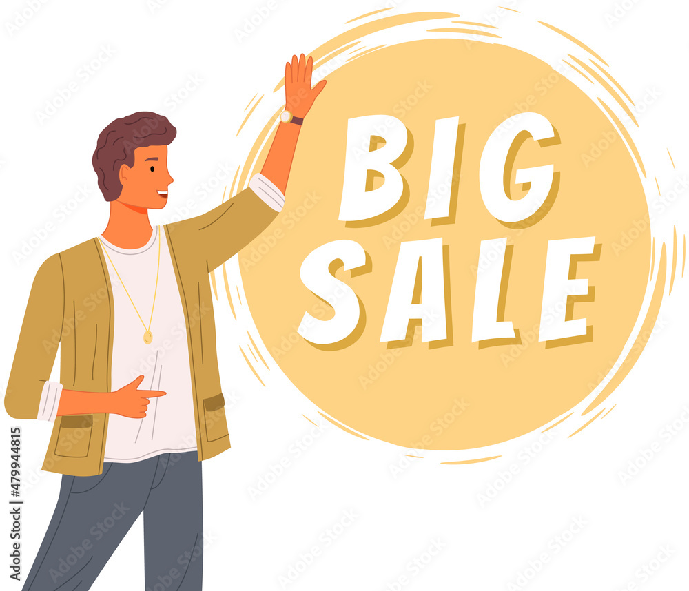 Young man standing near promotional banner with inscription. Poster with advertisement template. Male character advertising special offer, best goods, sale in online store vector illustration Young man standing near promotional banner with inscription. Poster with advertisement template. Male character advertising special offer, best goods, sale in online store vector illustration