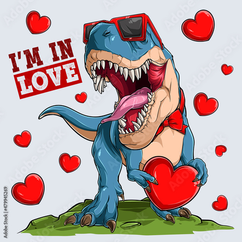 Fototapeta Naklejka Na Ścianę i Meble -  Lovely Valentine's day dinosaur t rex wearing sunglasses and holding a big red heart