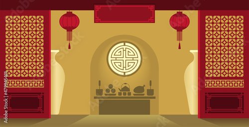 Illustration vector of traditional Chinese house , flower pattern vase,lantern, food on table,bamboo tree ,cutting door and window 