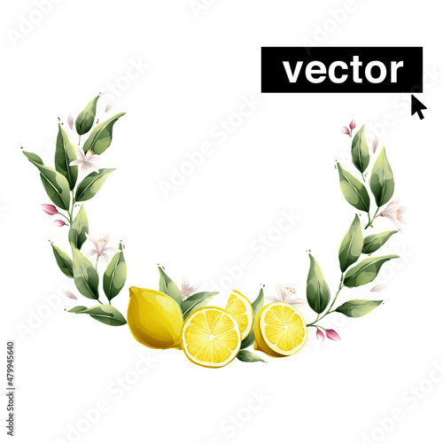 Vector lemon wreath watercolor style illustration. Set of green leaves, flowers, buds, and branches.