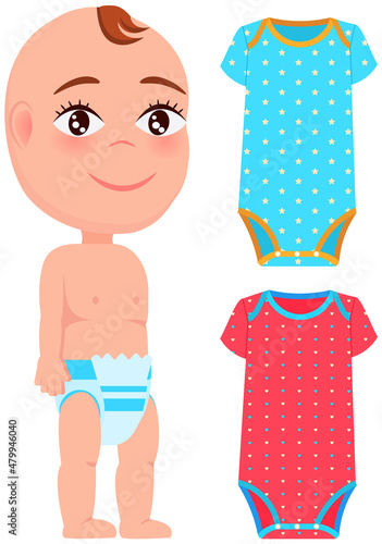 Baby boy standing near tiny bodysuits or infant onesies with short sleeves. Blue and red baby clothing or sleep cloth, object of kid wardrobe. Clothes for child, bodysuit with fastener between legs