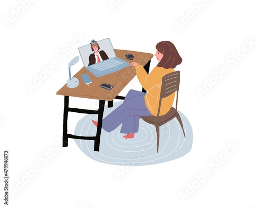 Vector cartoon flat woman character sits at laptop,uses online video calls app to talking with boss-distance learning and business meeting,video conference apps using concept,web site banner design