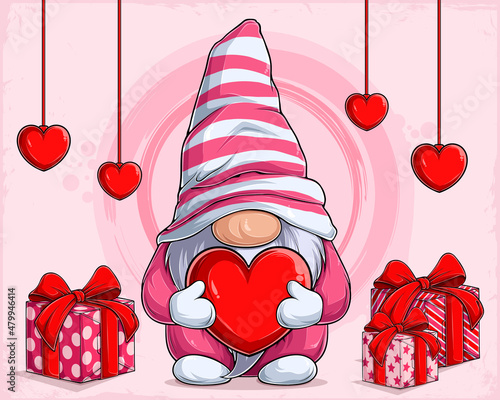 Lovely valentine's day gnome character holding a big love heart with gifts on his sides