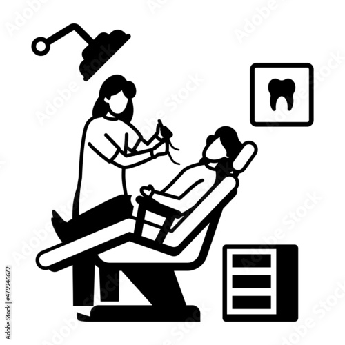 dental hygienist Concept, Young woman visiting dentist Vector Icon Design, Medical and Healthcare Scene Symbol, Diseases Diagnostic Sign, Doctor and Patient Characters Stock Illustration