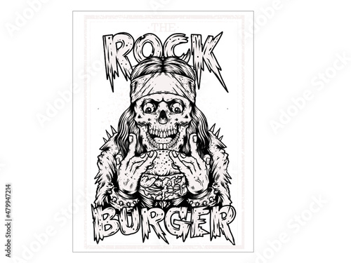 A high-resolution, detailed illustration of a human skull biting into a large juicy burger, with melting cheese, lettuce, tomato, and sesame seed bun. The skull has a cool, 