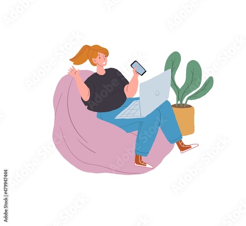 Vector cartoon flat woman character sits in bag chair,uses laptop,joyfully talk smiling-mobile app using,positive emotions,relationships,online social communication concept,web site banner ad design