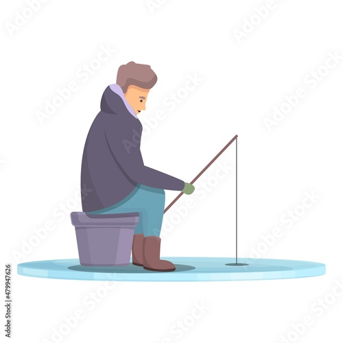 Lake ice fishing icon cartoon vector. Winter fish. Snow man