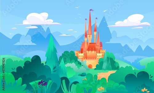 Medieval castle tower in nature around greenery landscape. Fairytail mansion exterior. King fortress castle. Old cartoon ancient tower fortress photo