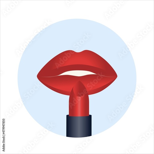 Woman's lips and red pomade lipstick. Makeup and beauty concept. Vector illustration.