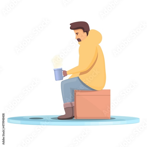 Ice fishing drinking icon cartoon vector. Winter fish. Lake snow