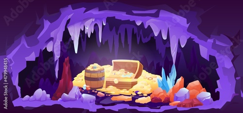 Treasure gold coin and gemstone in rock cave cartoon. Medieval wooden chest and barrel full of money and gems. Ancient fantasy adventure and fairy tale