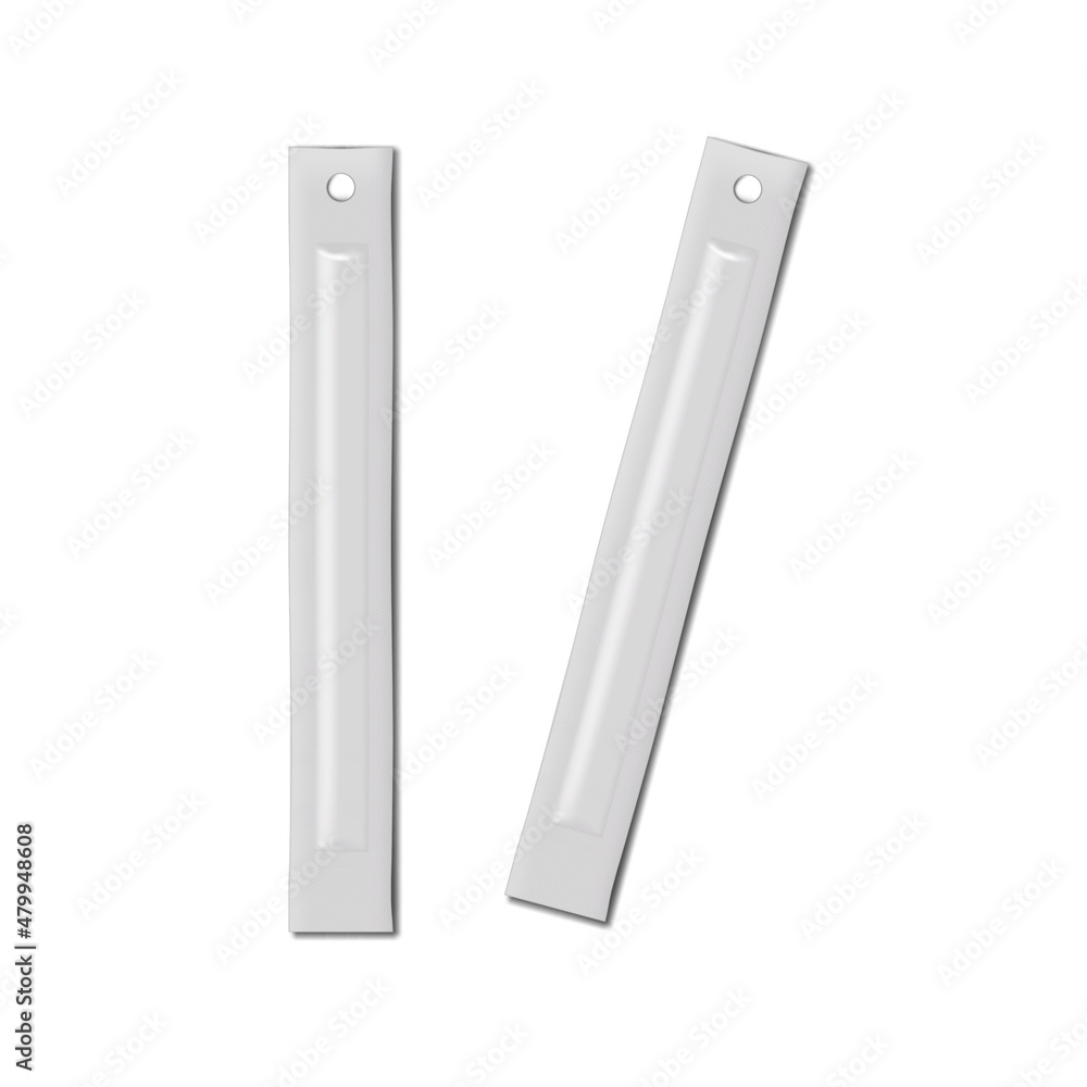 Stick packet with round slot vector mock-up. White blank individual package for food or medical products realistic mockup. Template for design Stick packet with round slot vector mock-up. White blank individual package for food or medical products realistic mockup. Template for design