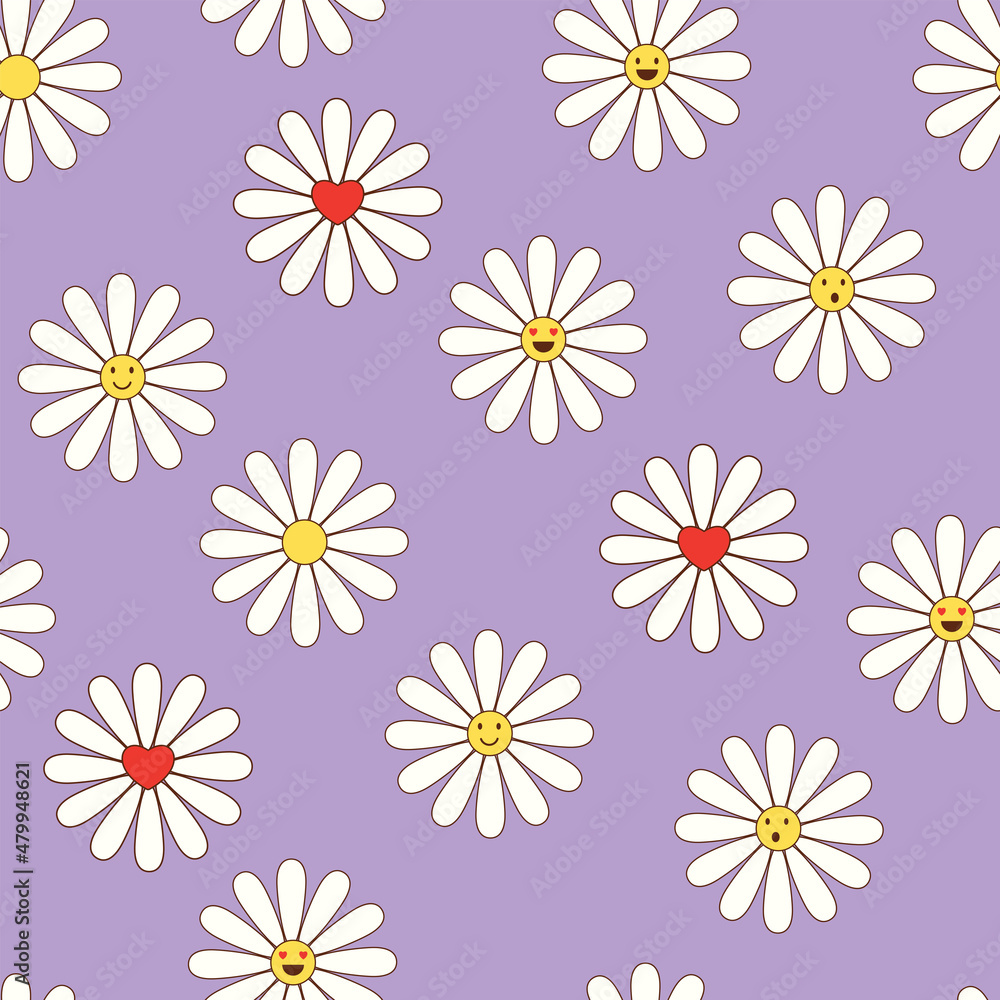 Colorful seamless pattern in geometric style with ditsy flowers. Groovy and fun vector print with smiled faces in chamomile flowers, cartoon style. Retro and hippie aesthetic, love and peace Colorful seamless pattern in geometric style with ditsy flowers. Groovy and fun vector print with smiled faces in chamomile flowers, cartoon style. Retro and hippie aesthetic, love and peace
