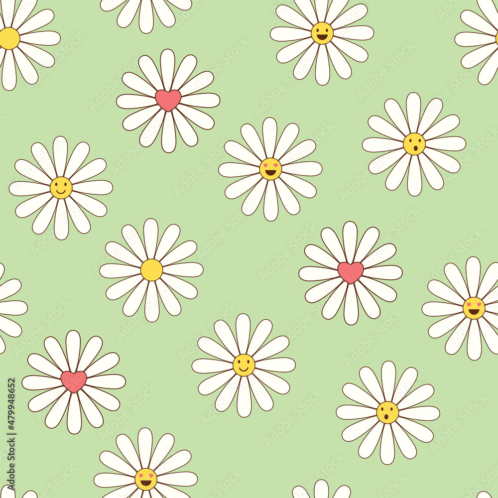 Colorful seamless pattern in geometric style with ditsy flowers. Groovy and fun vector print with smiled faces in chamomile flowers, cartoon style. Retro and hippie aesthetic, love and peace Colorful seamless pattern in geometric style with ditsy flowers. Groovy and fun vector print with smiled faces in chamomile flowers, cartoon style. Retro and hippie aesthetic, love and peace