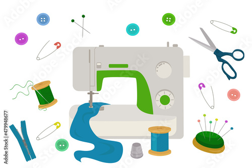 Modern sewing machine and set of tools for tailoring isolated on a white background. Vector illustration.
