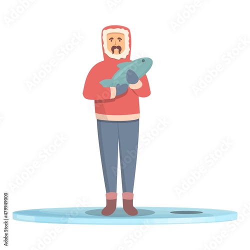 Ice fishing catch icon cartoon vector. Winter fish. Frozen lake