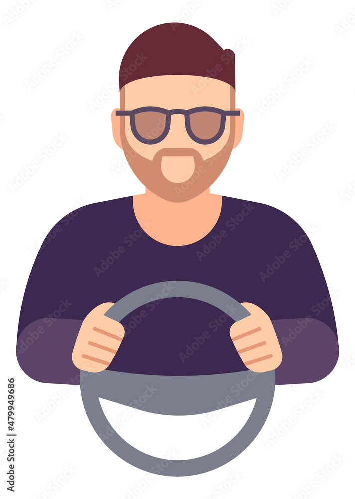 Man with steering wheel. Driver avatar. Chauffeur character