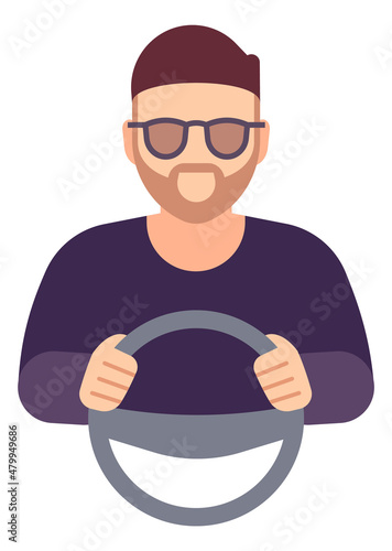 Man with steering wheel. Driver avatar. Chauffeur character